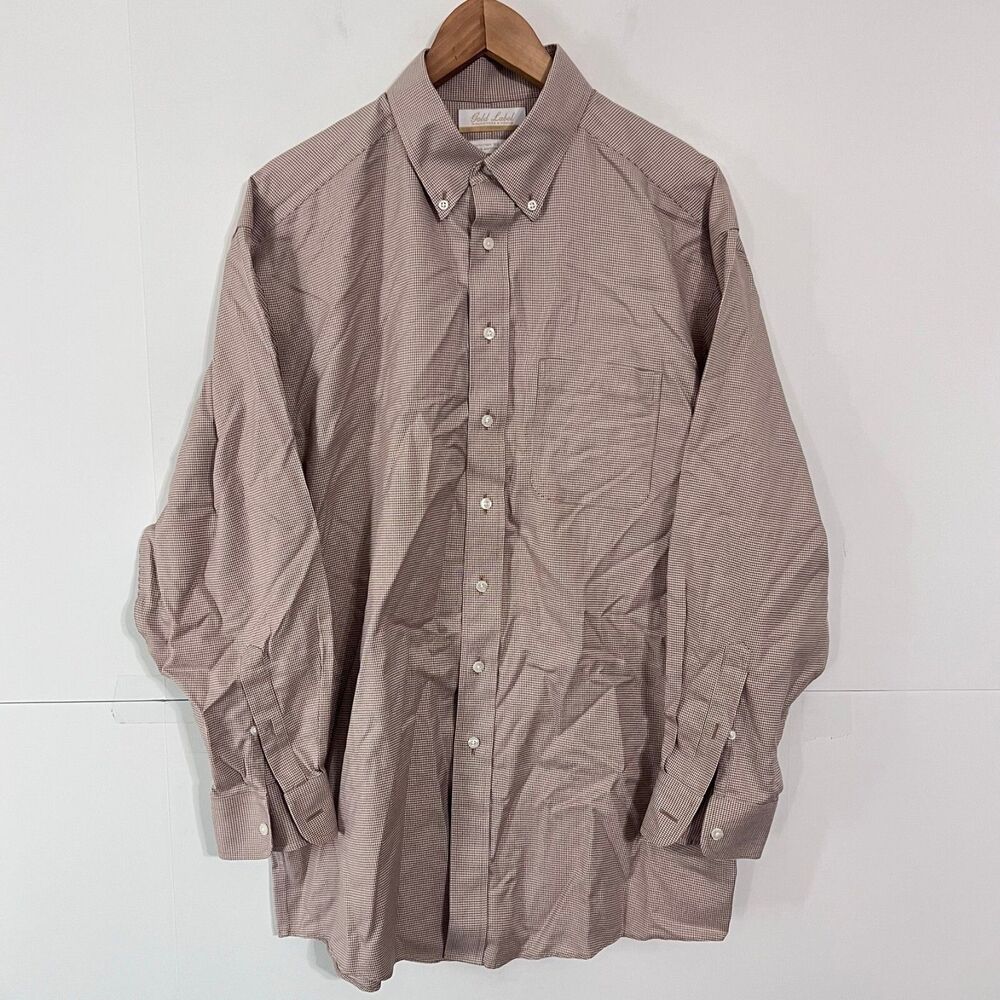Gold Label Mens Dress Shirt Size 16-33 Brown Check Non Iron Ez Wash Twill